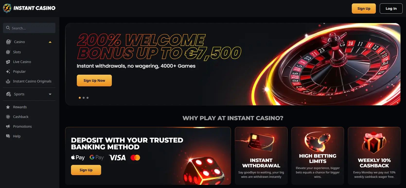 Instant casino homepage displaying welcome bonus offer and site main navigation