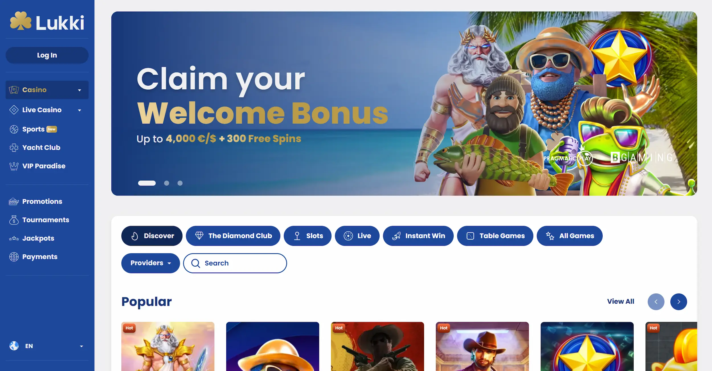 Lukki casino homepage displaying welcome bonus offer, selection of popular online pokies and site main navigation